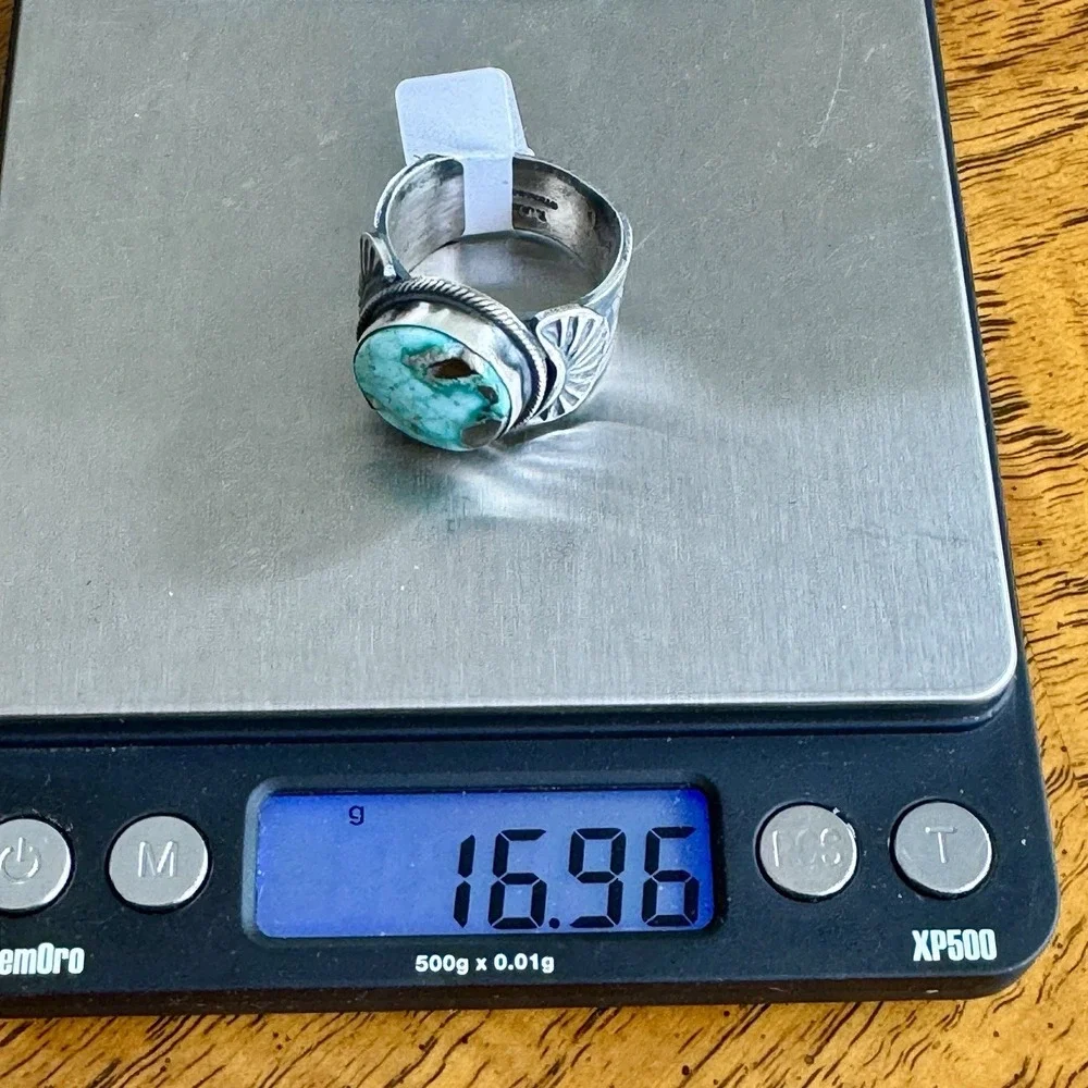 Navajo Turquoise Mens Ring Fox‎ w Pyrite 12 Signed Tillie Jon Sterling Wide Band